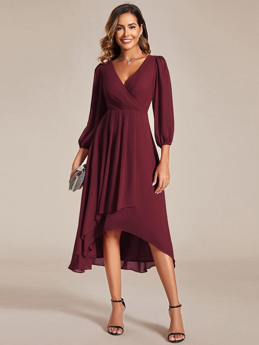 Robe invité de mariage mi-longue manches longues ourlet asymétrique #Couleur_Bordeaux