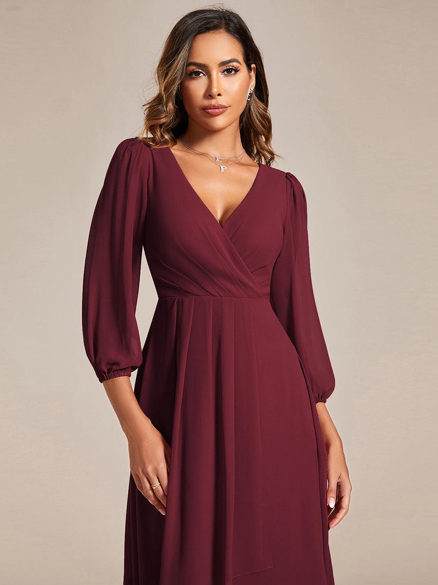 Robe invité de mariage mi-longue manches longues ourlet asymétrique #Couleur_Bordeaux