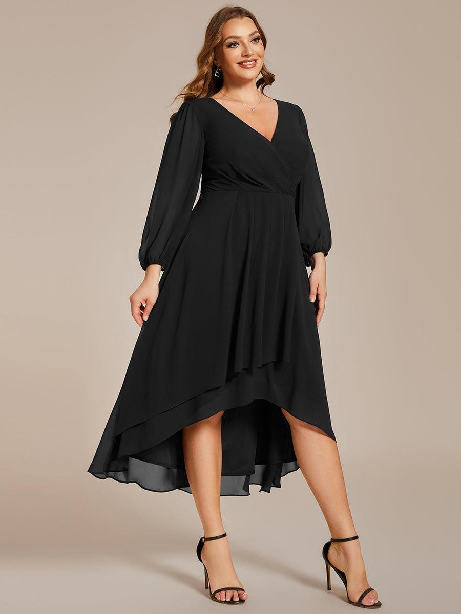 Grande Taille Robe invité de mariage mi-longue manches longues ourlet asymétrique #Couleur_Noir
