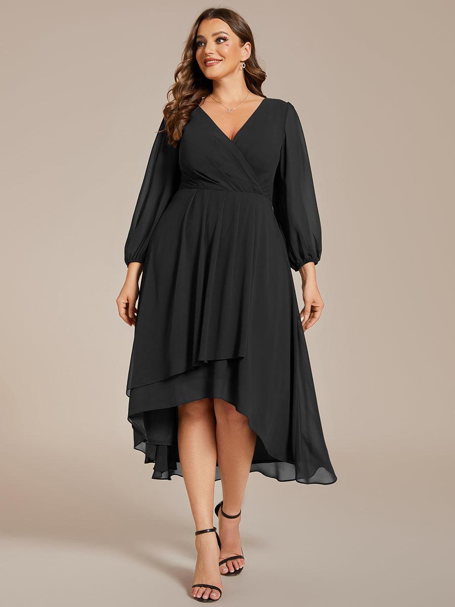 Grande Taille Robe invité de mariage mi-longue manches longues ourlet asymétrique #Couleur_Noir