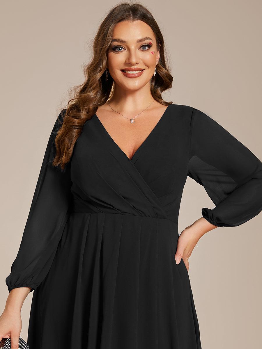 Grande Taille Robe invité de mariage mi-longue manches longues ourlet asymétrique #Couleur_Noir