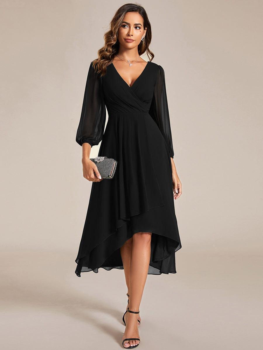 Robe invité de mariage mi-longue manches longues ourlet asymétrique #Couleur_Noir