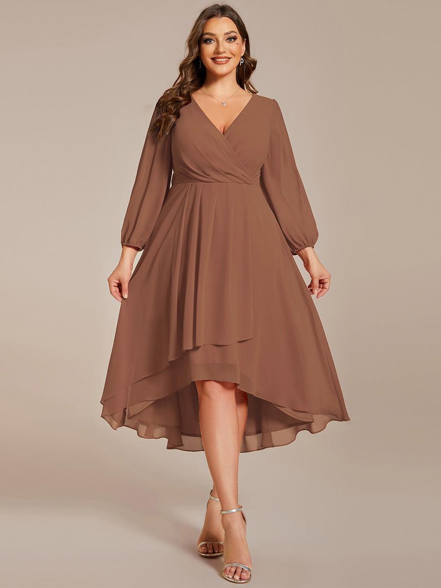 Robe invité de mariage mi-longue manches longues ourlet asymétrique #Couleur_Brun
