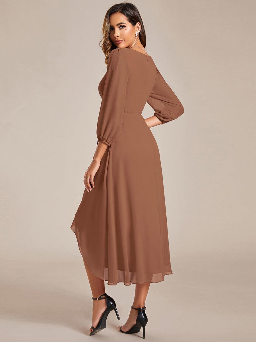 Robe invité de mariage mi-longue manches longues ourlet asymétrique #Couleur_Brun