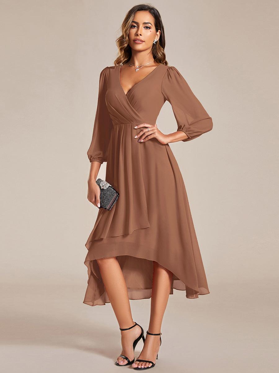 Robe invité de mariage mi-longue manches longues ourlet asymétrique #Couleur_Brun
