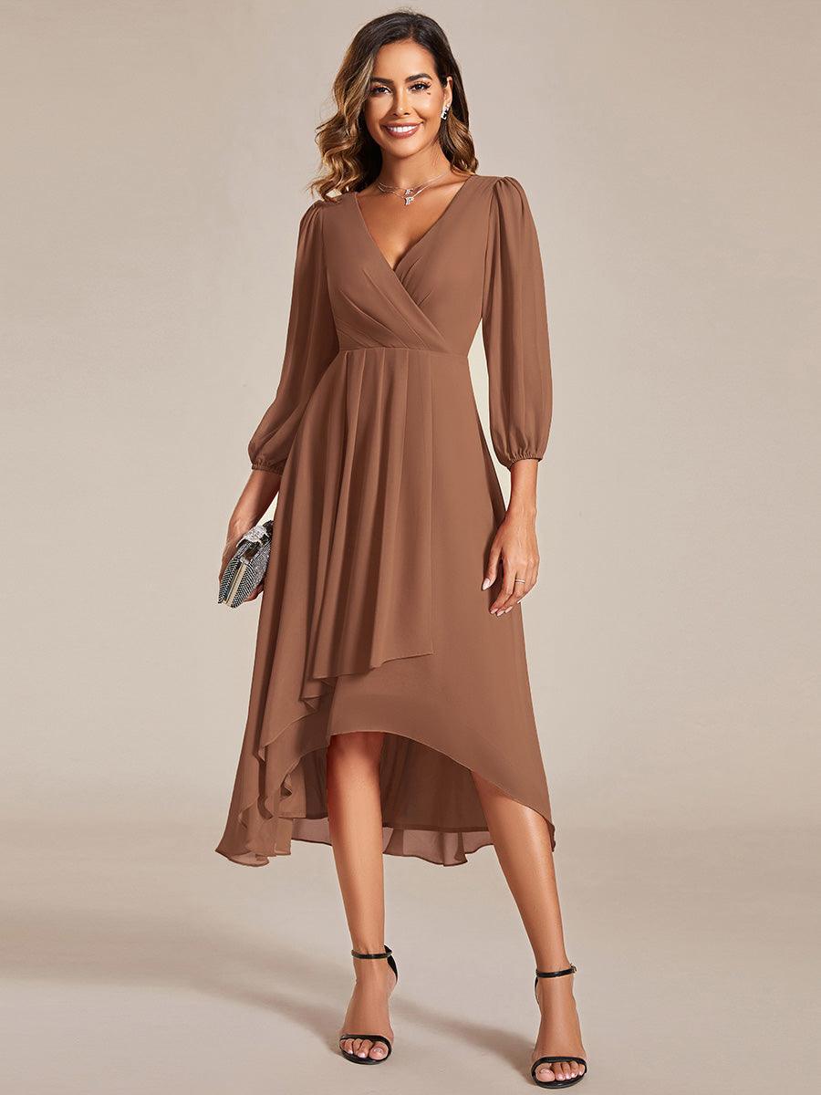 Robe invité de mariage mi-longue manches longues ourlet asymétrique #Couleur_Brun