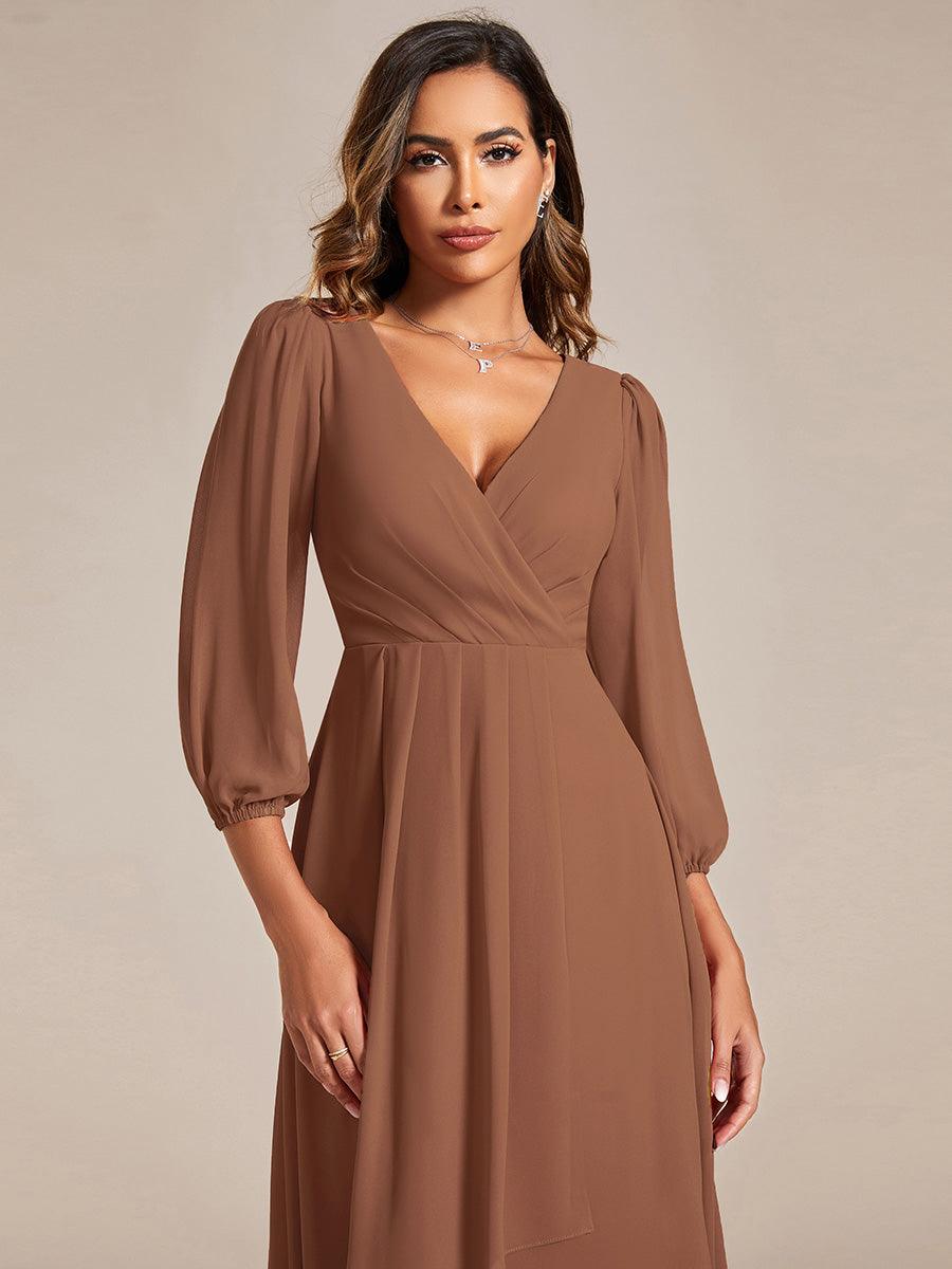 Robe invité de mariage mi-longue manches longues ourlet asymétrique #Couleur_Brun