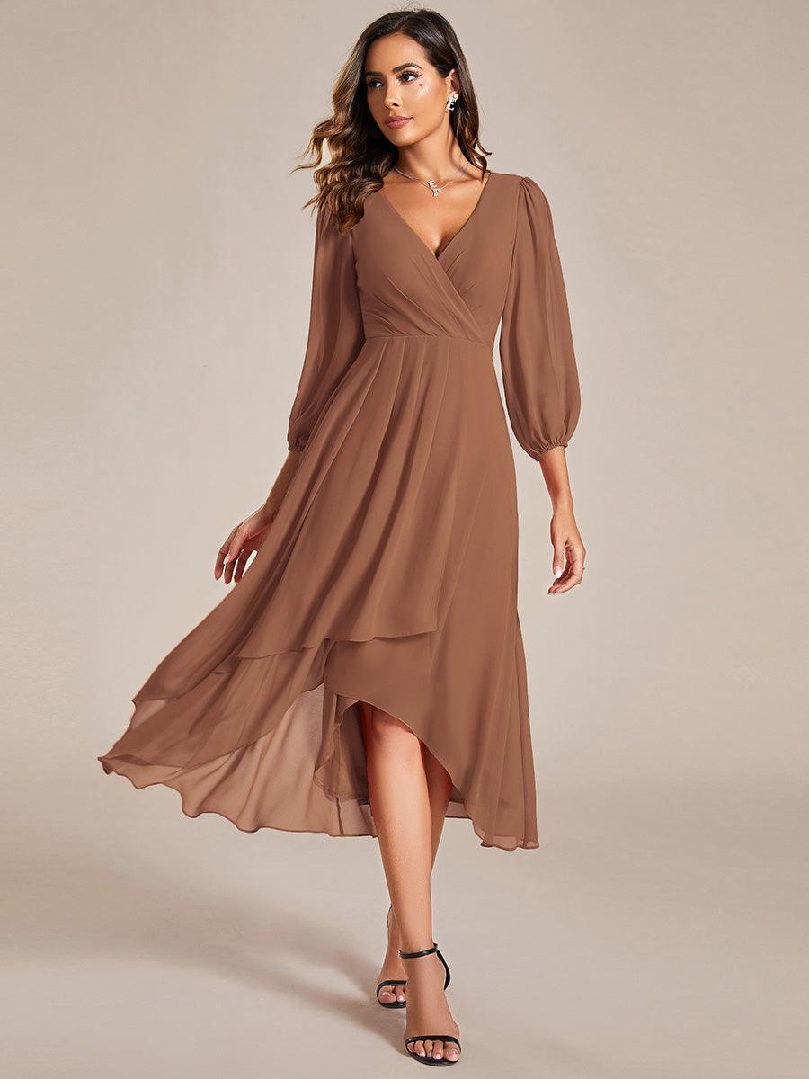 Robe invité de mariage mi-longue manches longues ourlet asymétrique #Couleur_Brun