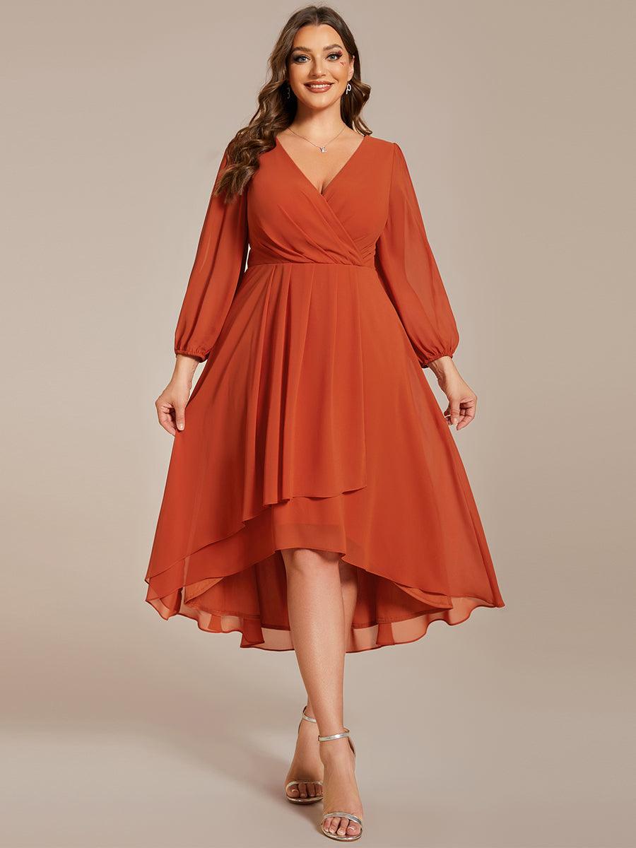 Grande Taille Robe invité de mariage mi-longue manches longues ourlet asymétrique #Couleur_Burnt Orange