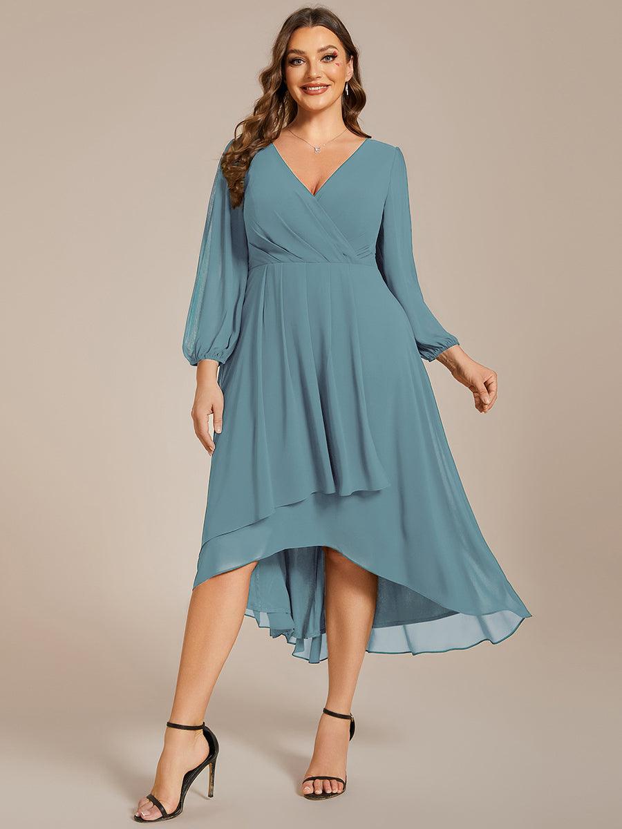 Grande Taille Robe invité de mariage mi-longue manches longues ourlet asymétrique #Couleur_Bleu Fume