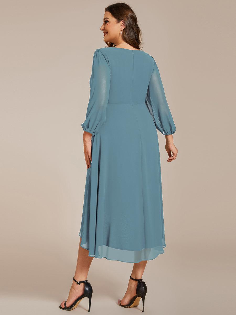 Grande Taille Robe invité de mariage mi-longue manches longues ourlet asymétrique #Couleur_Bleu Fume