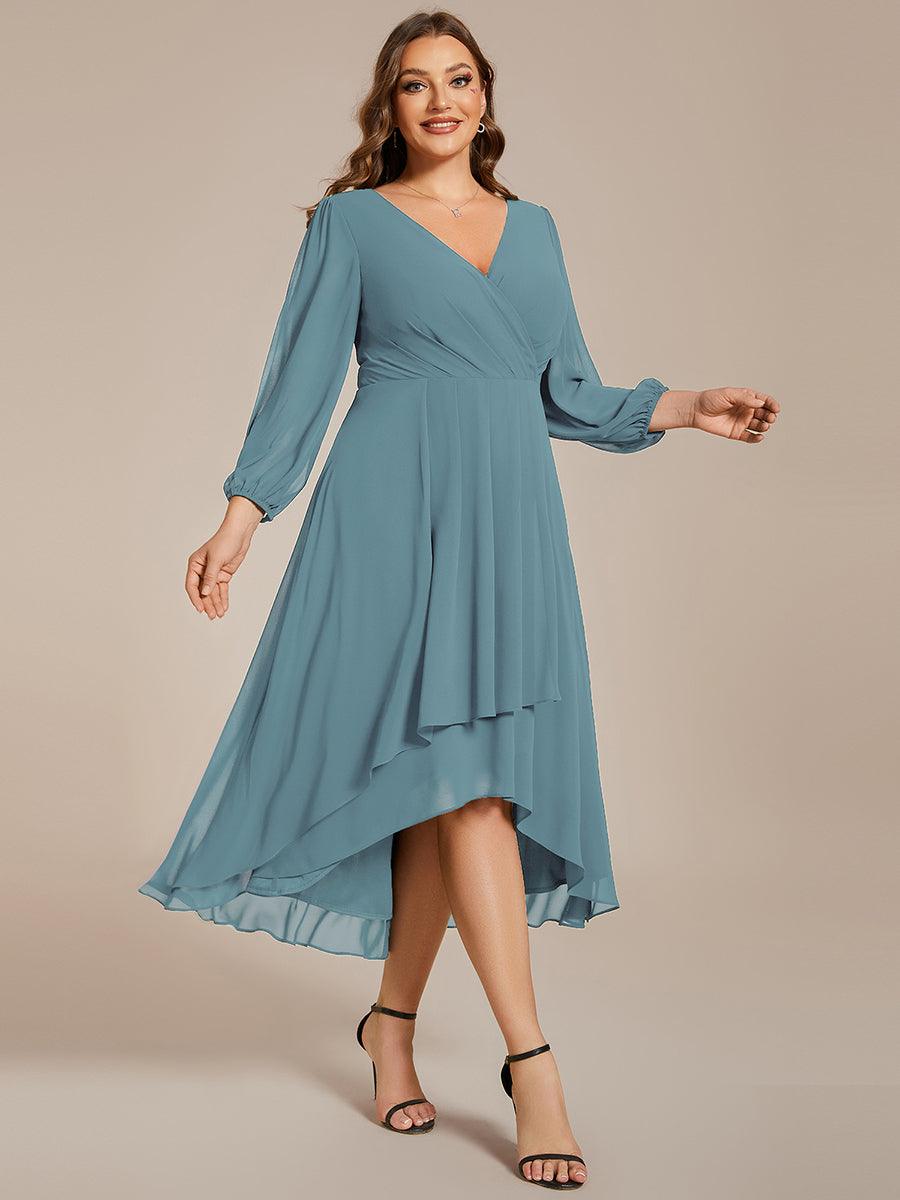 Grande Taille Robe invité de mariage mi-longue manches longues ourlet asymétrique #Couleur_Bleu Fume