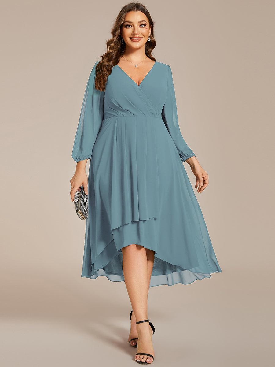 Grande Taille Robe invité de mariage mi-longue manches longues ourlet asymétrique #Couleur_Bleu Fume