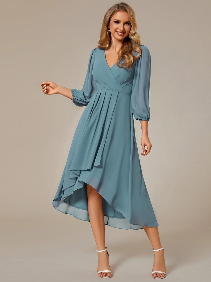 Robe invité de mariage mi-longue manches longues ourlet asymétrique #Couleur_Bleu Fume