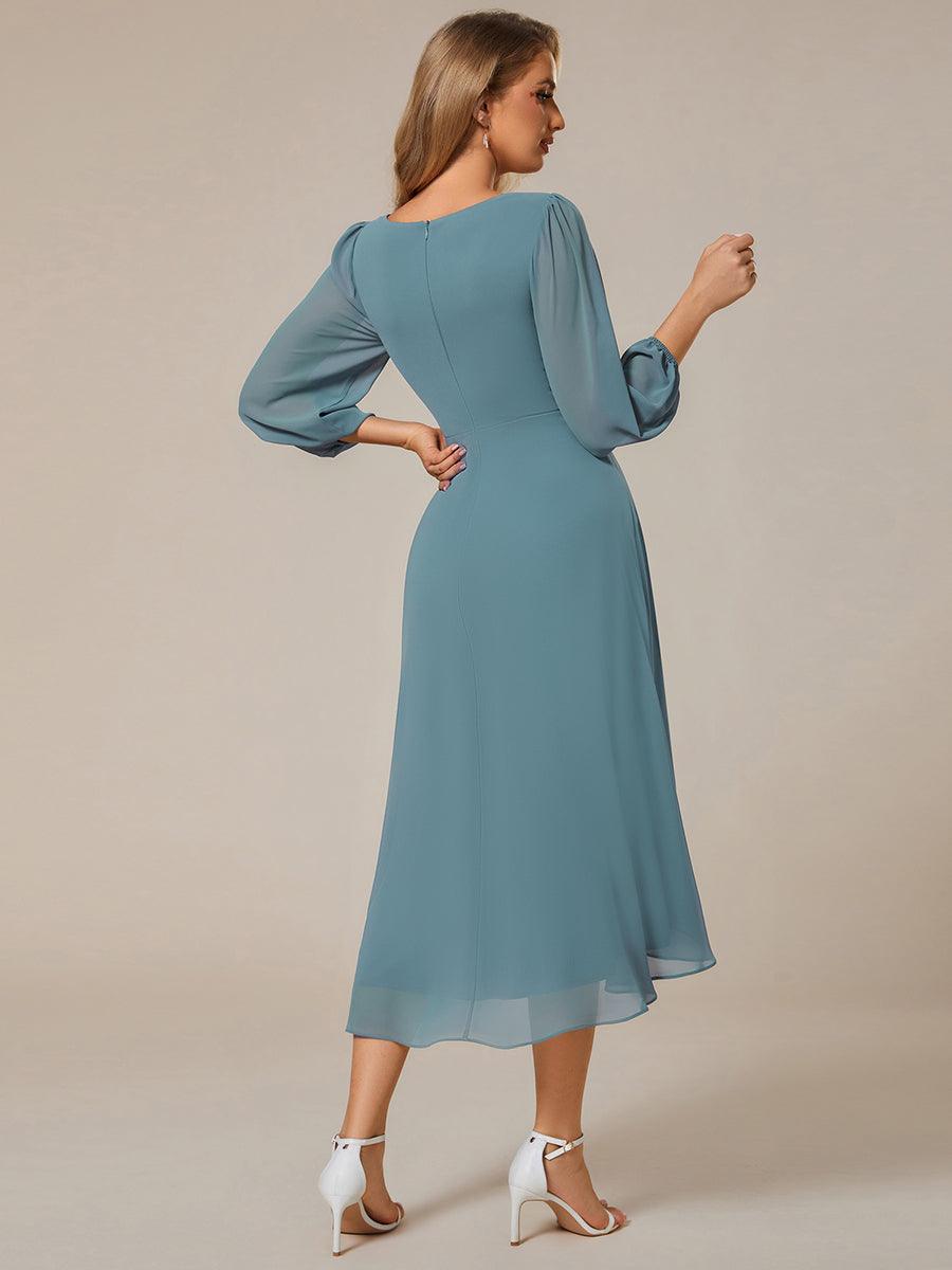 Robe invité de mariage mi-longue manches longues ourlet asymétrique #Couleur_Bleu Fume