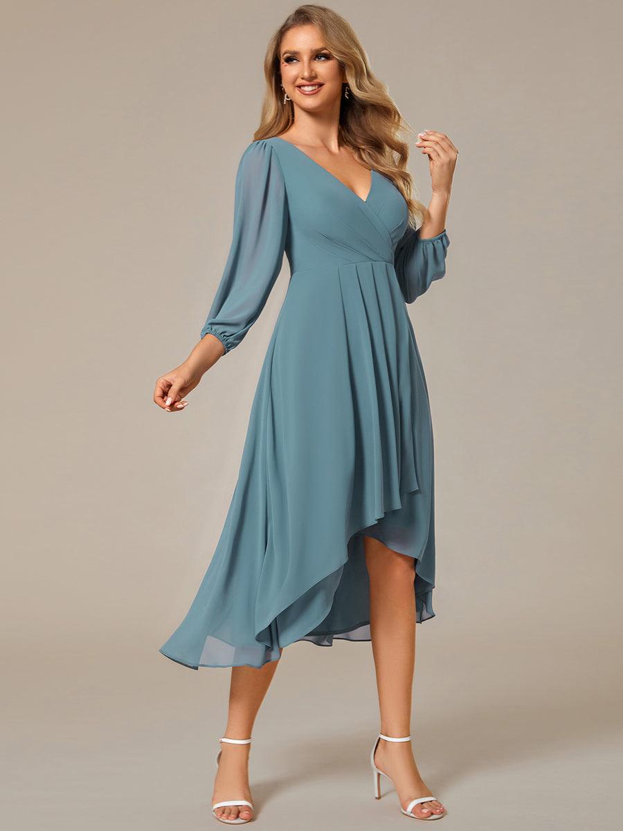 Robe invité de mariage mi-longue manches longues ourlet asymétrique #Couleur_Bleu Fume