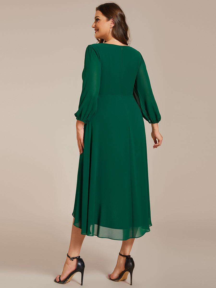 Grande Taille Robe invité de mariage mi-longue manches longues ourlet asymétrique #Couleur_Vert Fonce