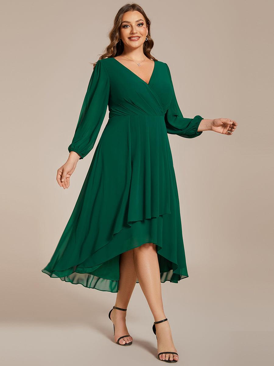 Grande Taille Robe invité de mariage mi-longue manches longues ourlet asymétrique #Couleur_Vert Fonce