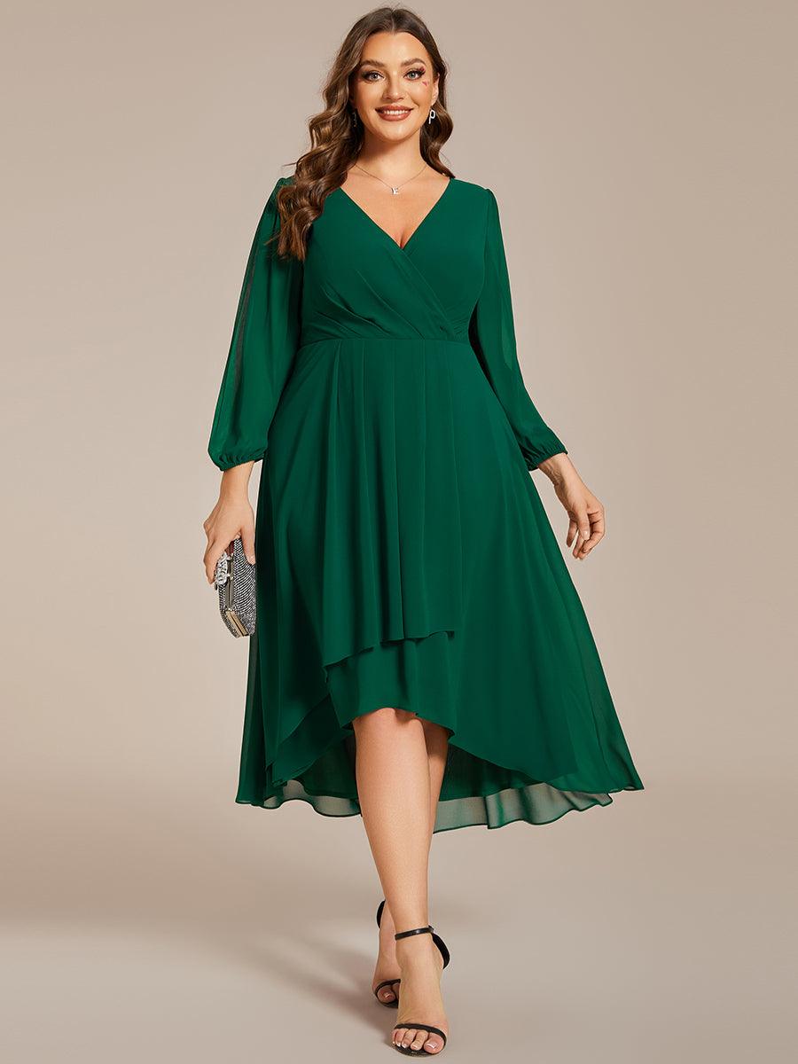 Grande Taille Robe invité de mariage mi-longue manches longues ourlet asymétrique #Couleur_Vert Fonce