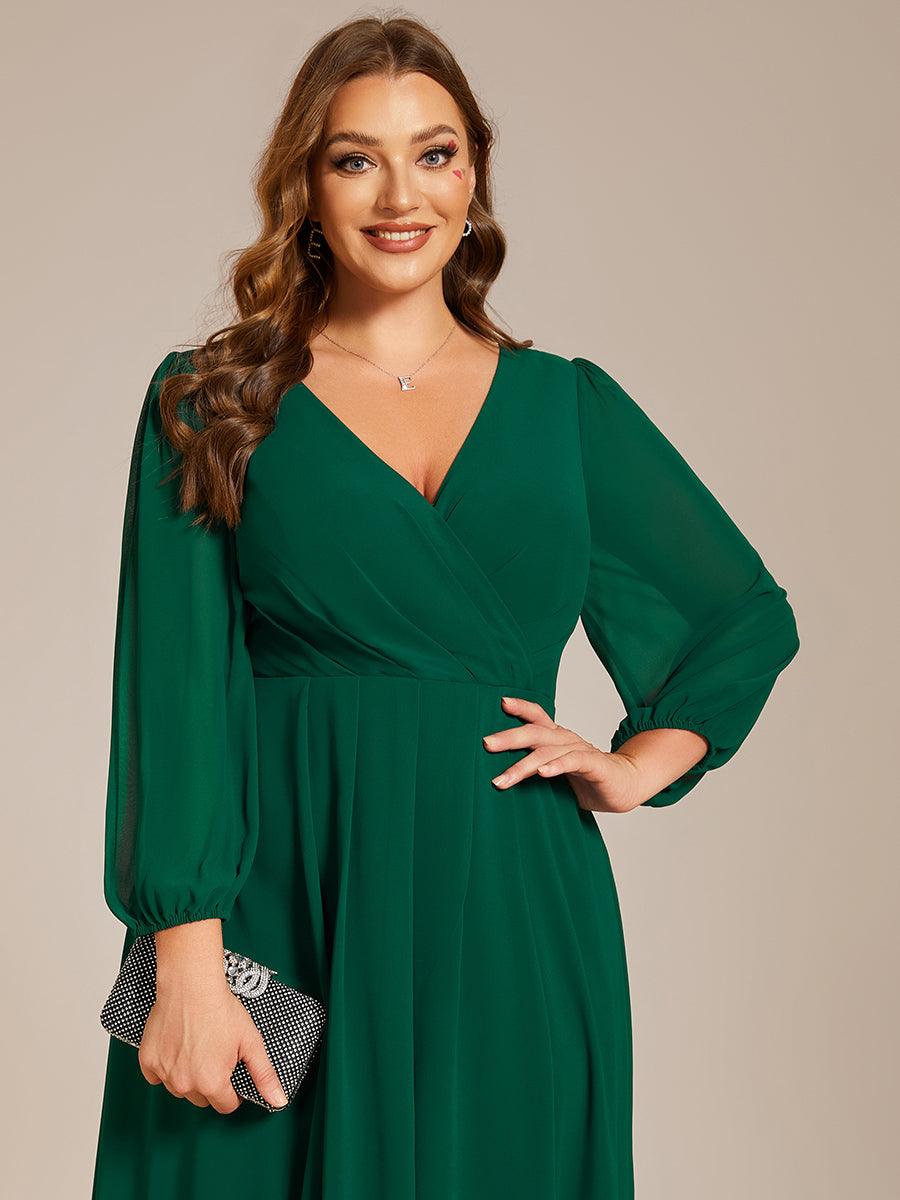Grande Taille Robe invité de mariage mi-longue manches longues ourlet asymétrique #Couleur_Vert Fonce