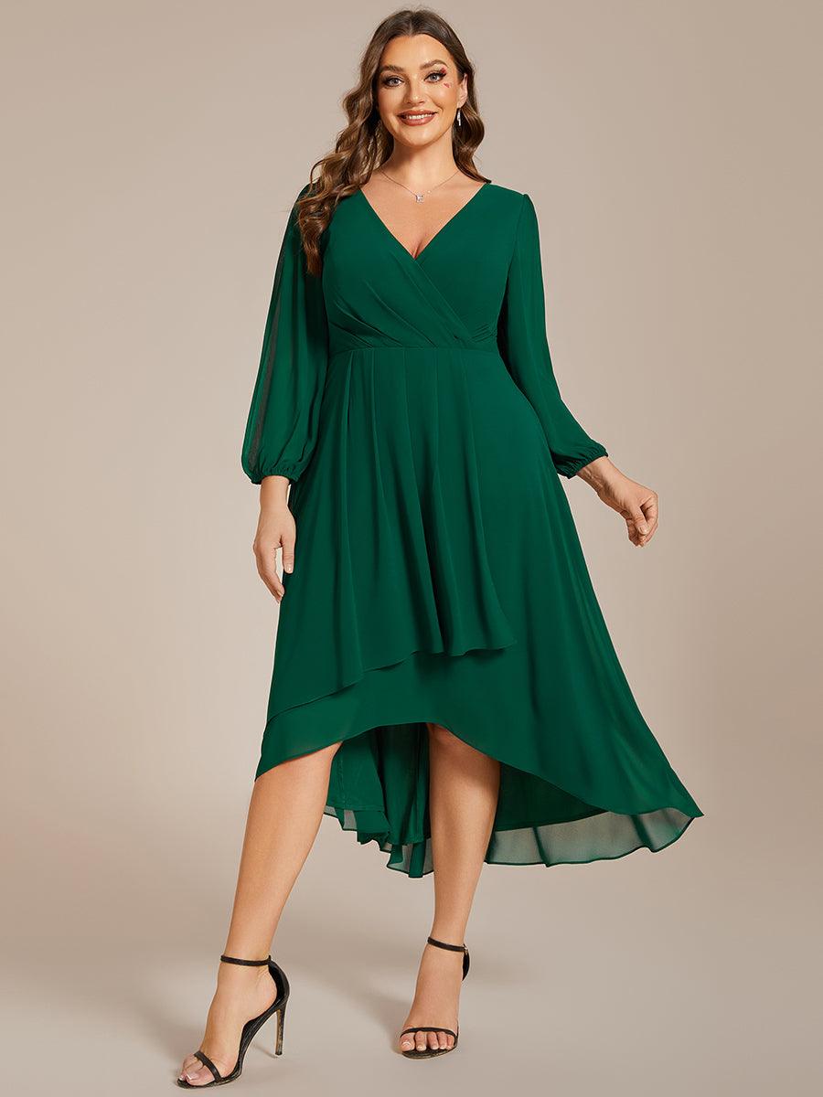 Grande Taille Robe invité de mariage mi-longue manches longues ourlet asymétrique #Couleur_Vert Fonce