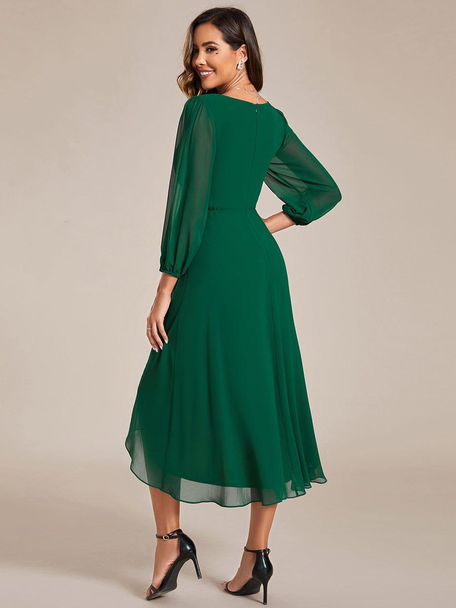 Robe invité de mariage mi-longue manches longues ourlet asymétrique #Couleur_Vert Fonce