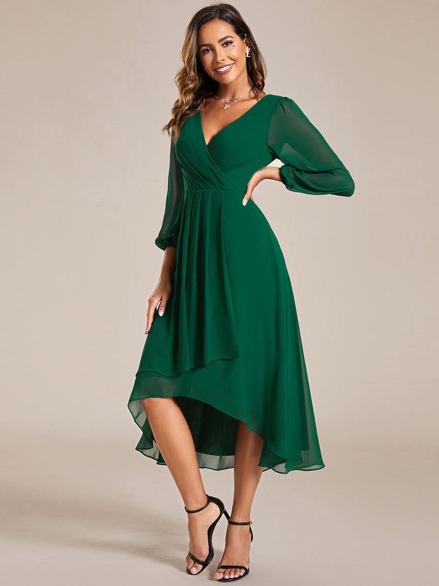 Robe invité de mariage mi-longue manches longues ourlet asymétrique #Couleur_Vert Fonce