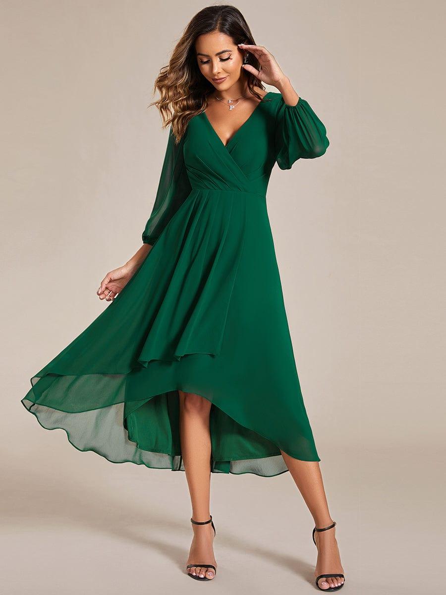 Robe invité de mariage mi-longue manches longues ourlet asymétrique #Couleur_Vert Fonce