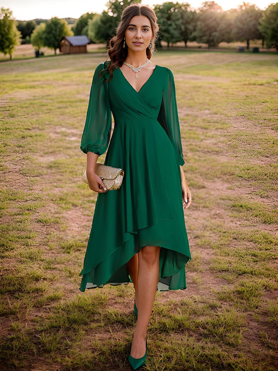 Robe invité de mariage mi-longue manches longues ourlet asymétrique #Couleur_Vert Fonce