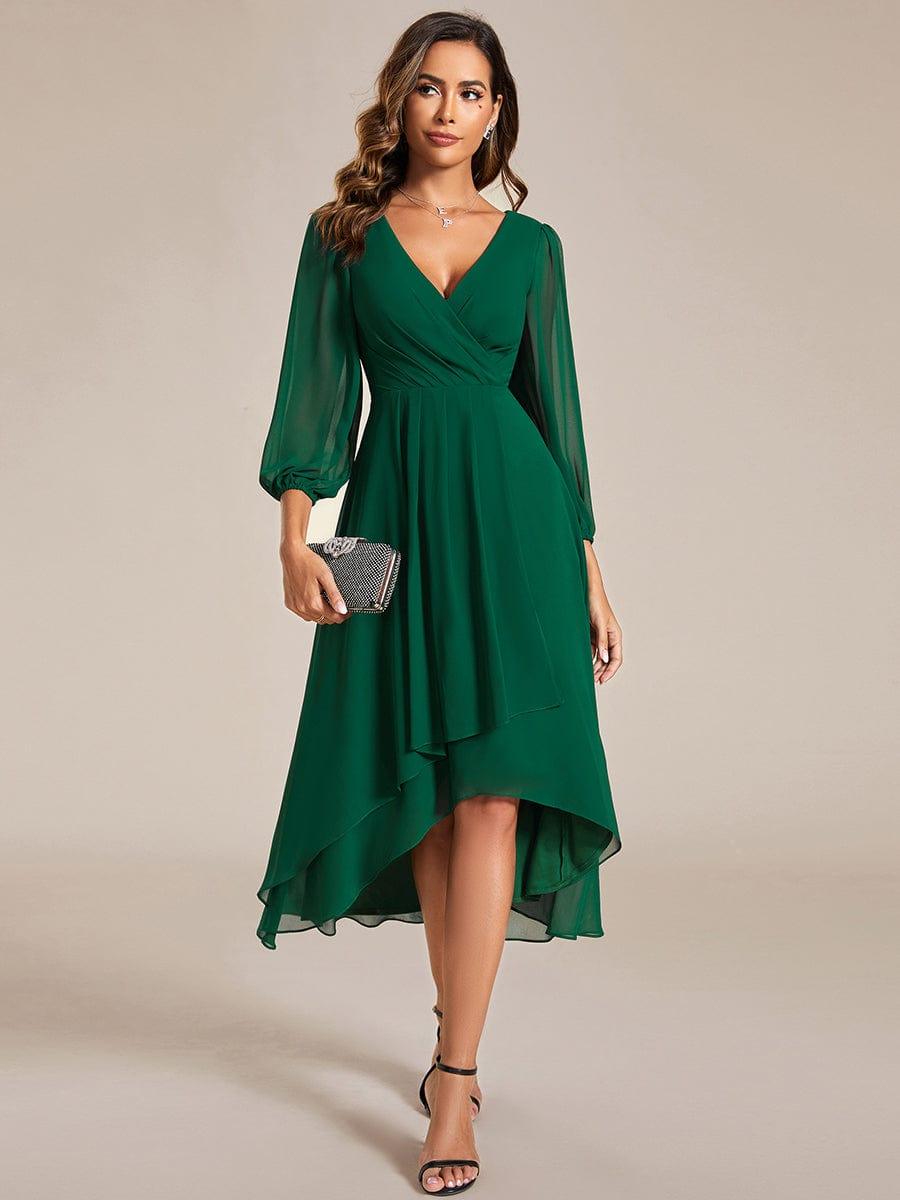 Robe invité de mariage mi-longue manches longues ourlet asymétrique #Couleur_Vert Fonce