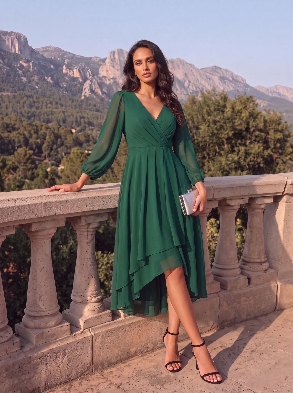 Robe invité de mariage mi-longue manches longues ourlet asymétrique #Couleur_Vert Fonce