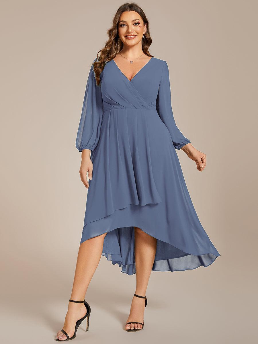 Grande Taille Robe invité de mariage mi-longue manches longues ourlet asymétrique #Couleur_Marine Fume