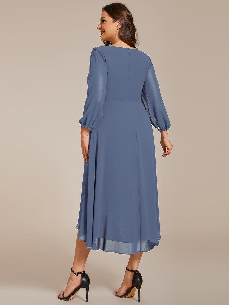 Grande Taille Robe invité de mariage mi-longue manches longues ourlet asymétrique #Couleur_Marine Fume