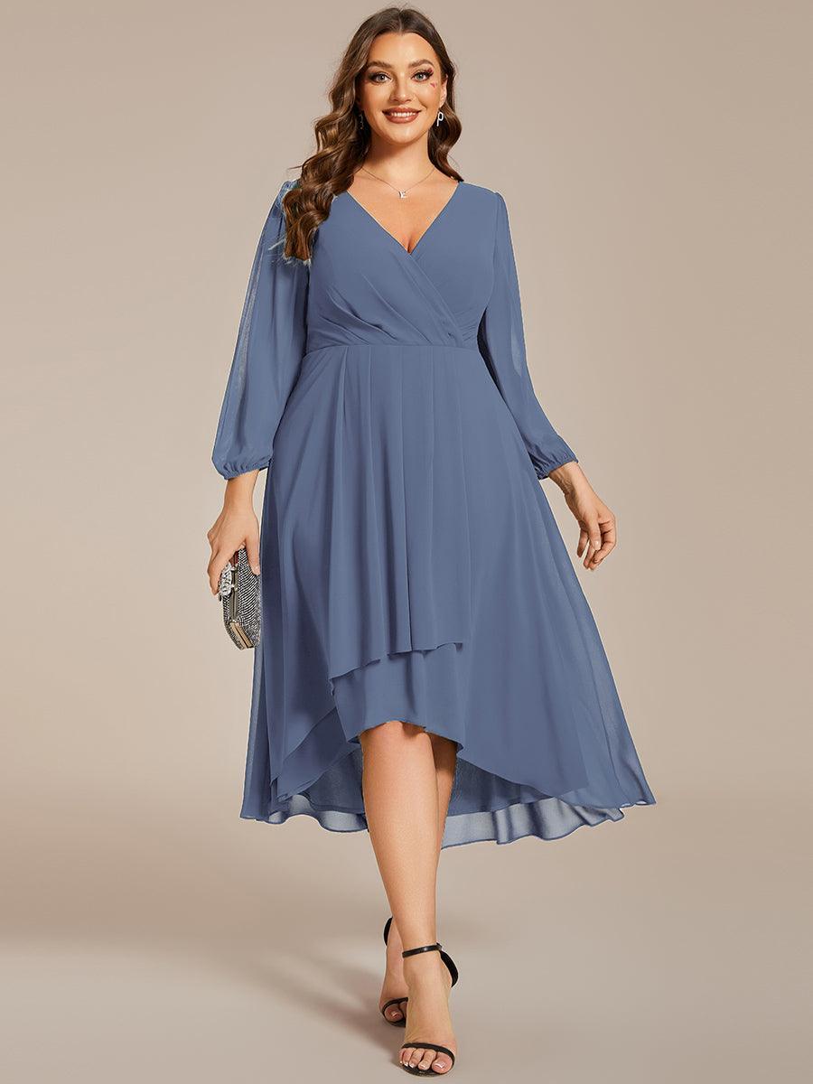 Grande Taille Robe invité de mariage mi-longue manches longues ourlet asymétrique #Couleur_Marine Fume