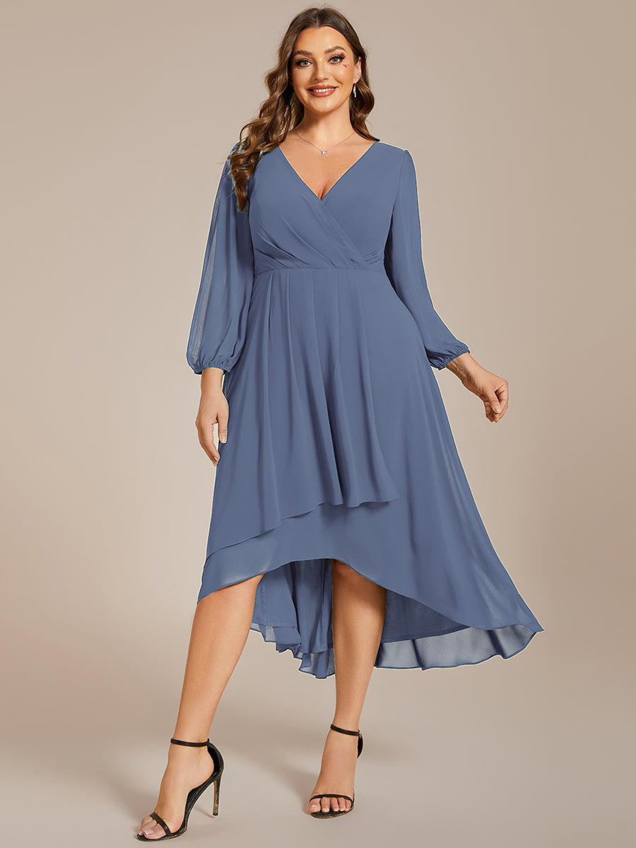 Robe invité de mariage mi-longue manches longues ourlet asymétrique #Couleur_Marine Fume