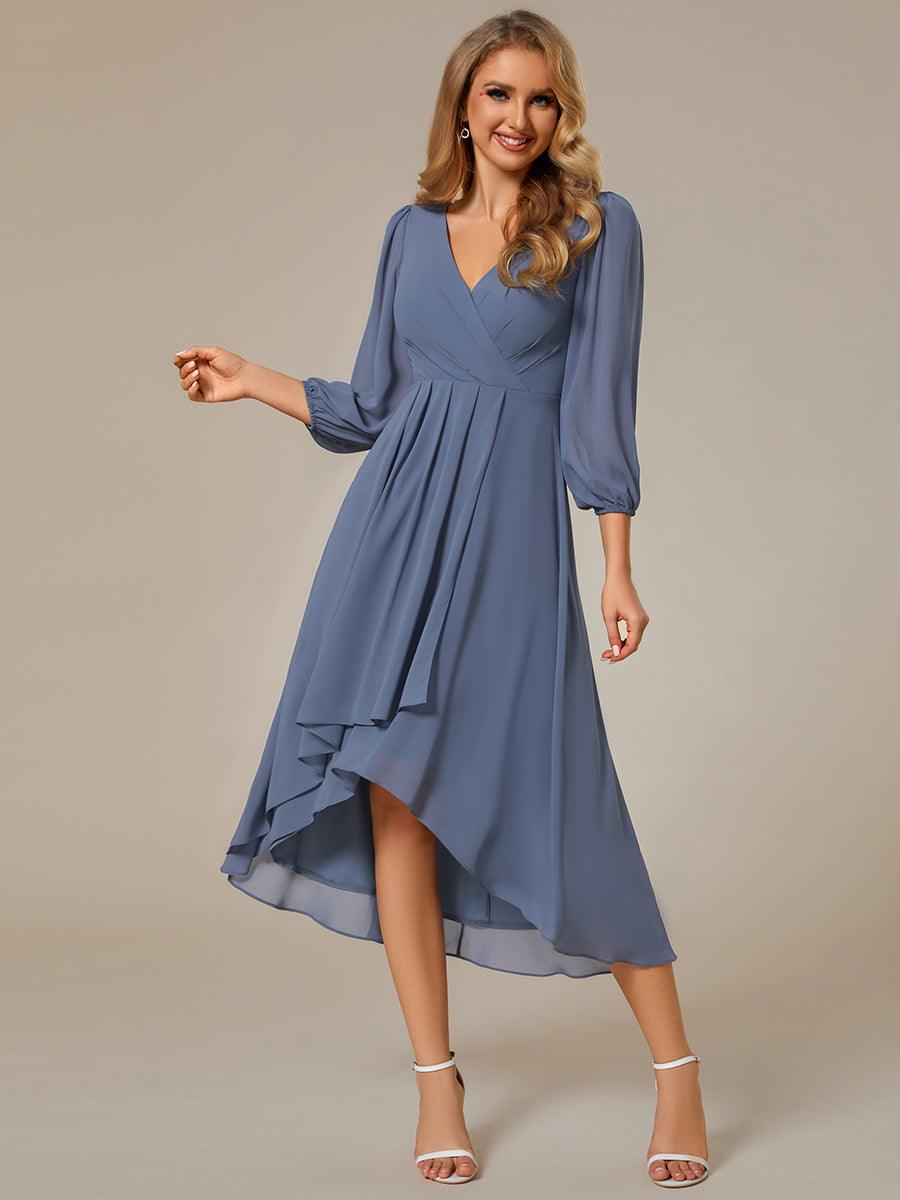 Robe invité de mariage mi-longue manches longues ourlet asymétrique #Couleur_Marine Fume