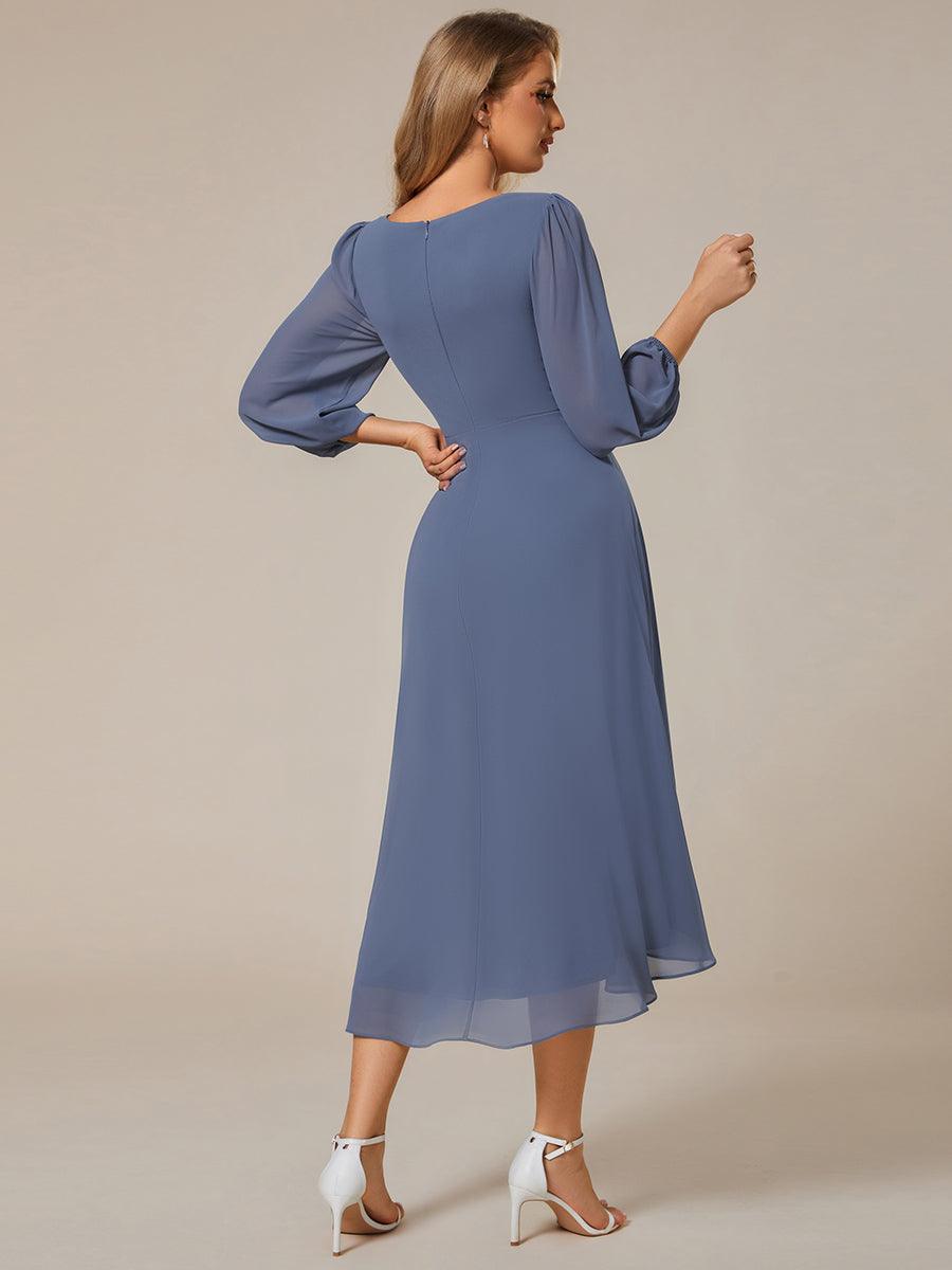 Robe invité de mariage mi-longue manches longues ourlet asymétrique #Couleur_Marine Fume