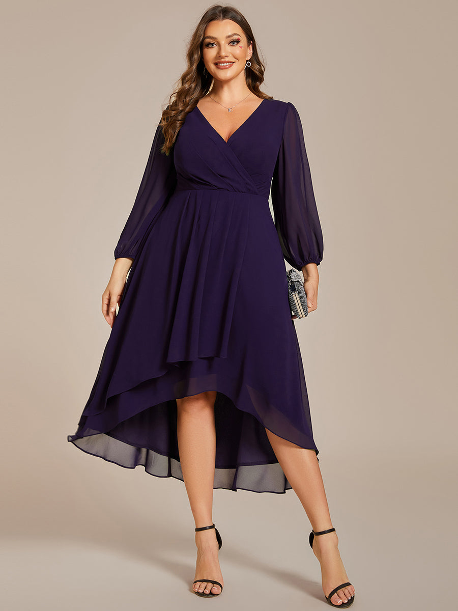 Robe invité de mariage mi-longue manches longues ourlet asymétrique #Couleur_Violet Fonce