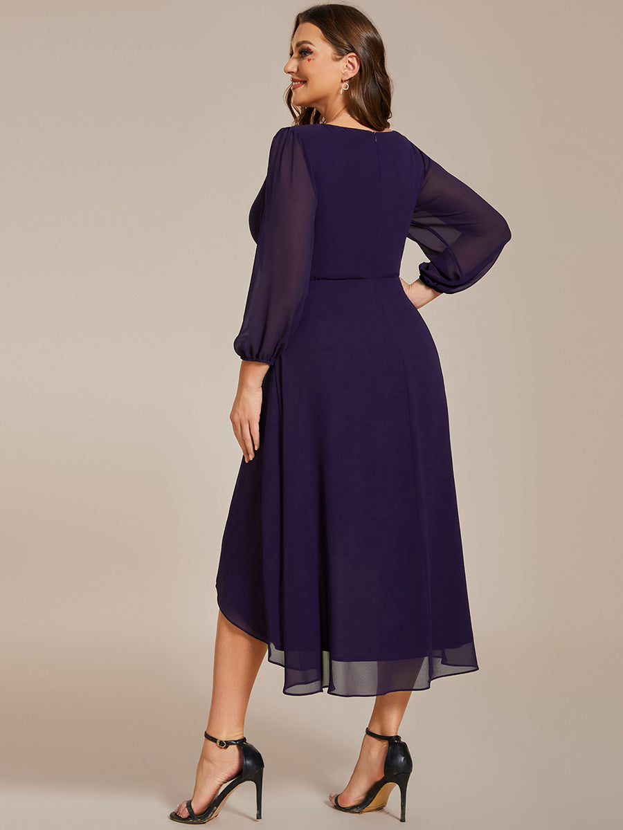 Robe invité de mariage mi-longue manches longues ourlet asymétrique #Couleur_Violet Fonce