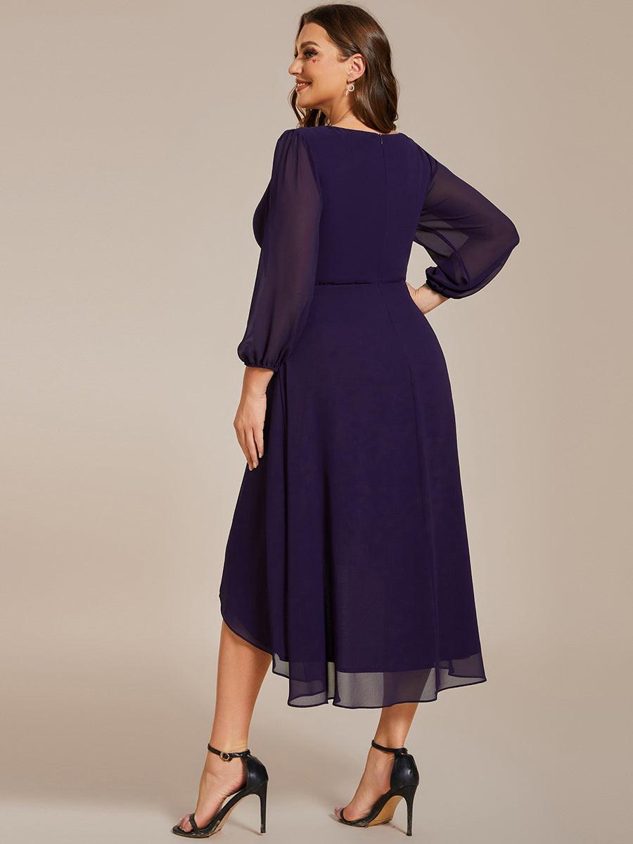 Grande Taille Robe invité de mariage mi-longue manches longues ourlet asymétrique #Couleur_Violet Fonce