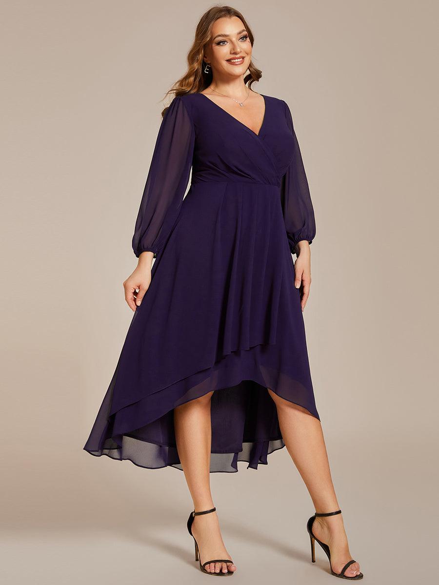 Grande Taille Robe invité de mariage mi-longue manches longues ourlet asymétrique #Couleur_Violet Fonce