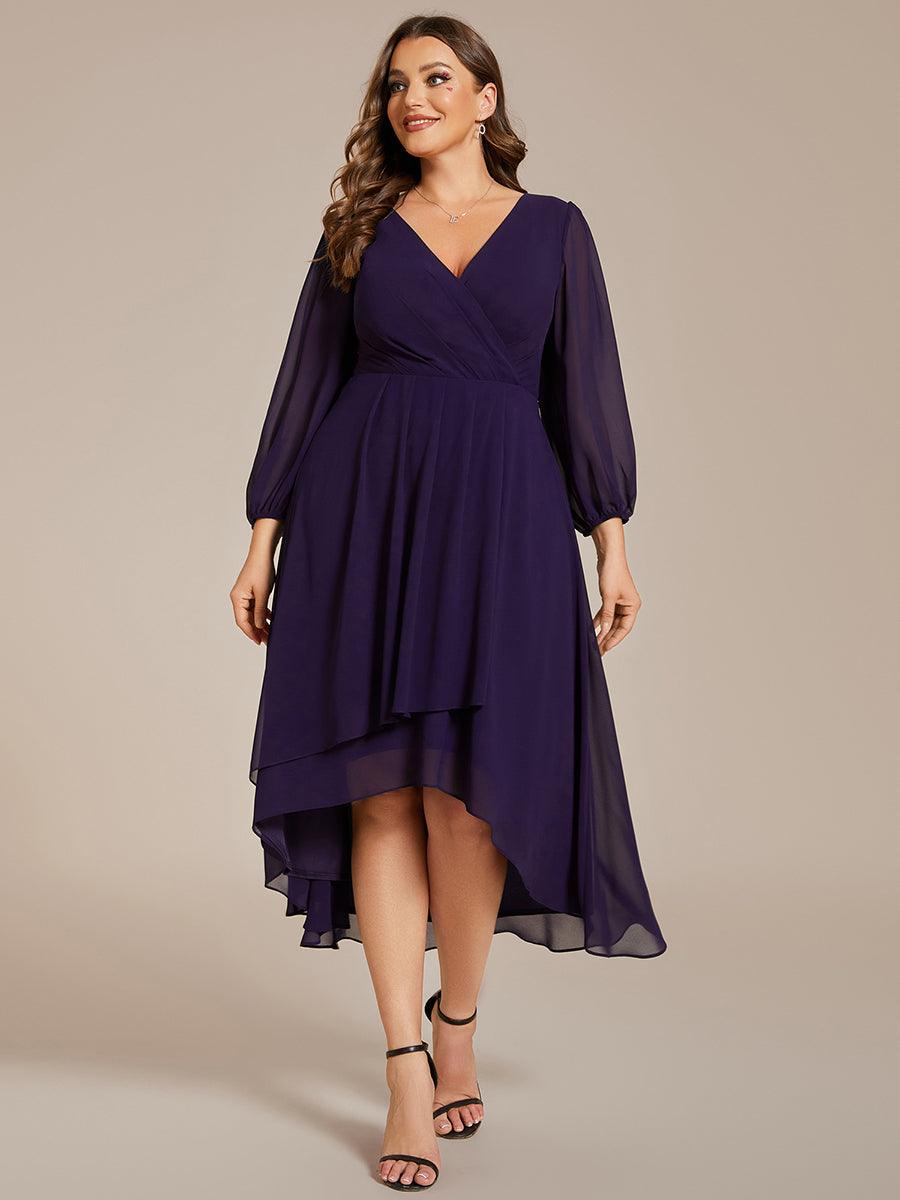 Grande Taille Robe invité de mariage mi-longue manches longues ourlet asymétrique #Couleur_Violet Fonce