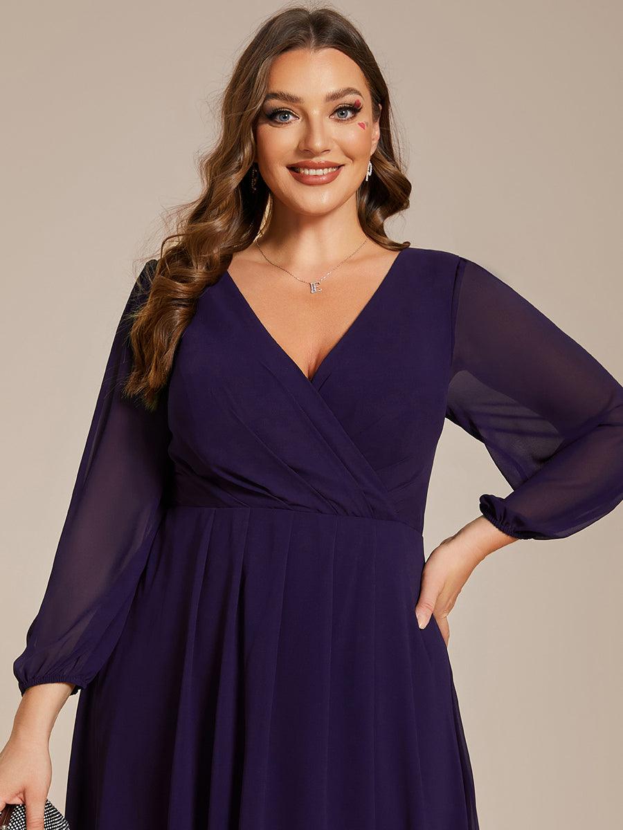 Grande Taille Robe invité de mariage mi-longue manches longues ourlet asymétrique #Couleur_Violet Fonce