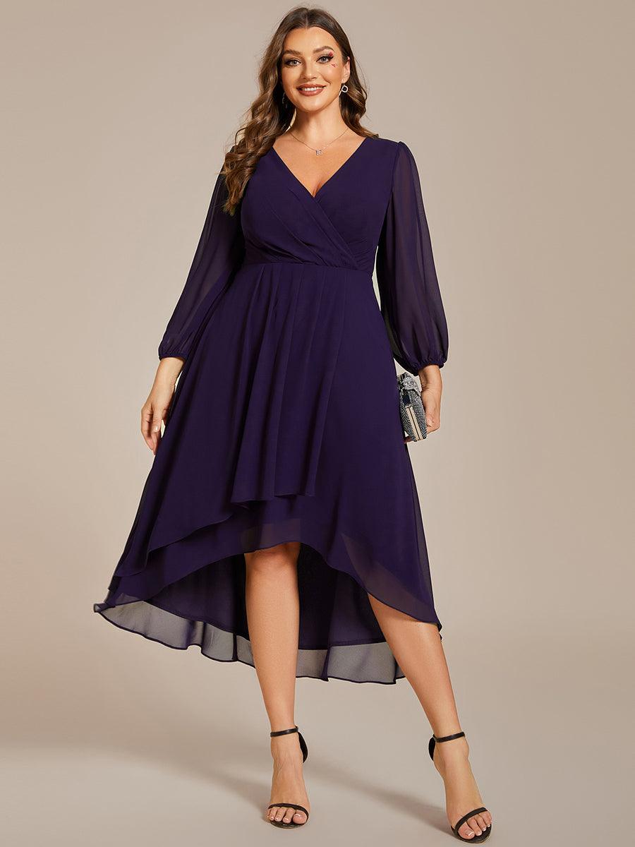 Grande Taille Robe invité de mariage mi-longue manches longues ourlet asymétrique #Couleur_Violet Fonce