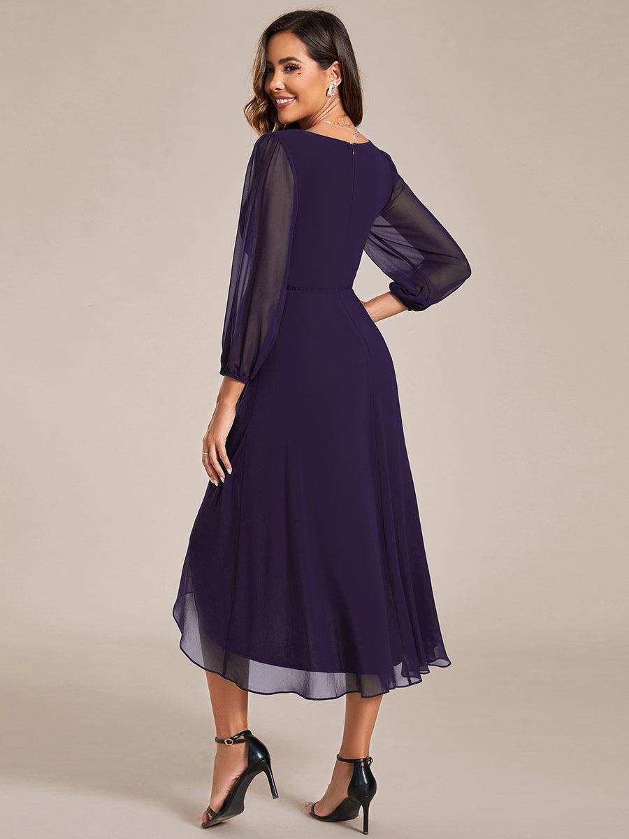 Robe invité de mariage mi-longue manches longues ourlet asymétrique #Couleur_Violet Fonce
