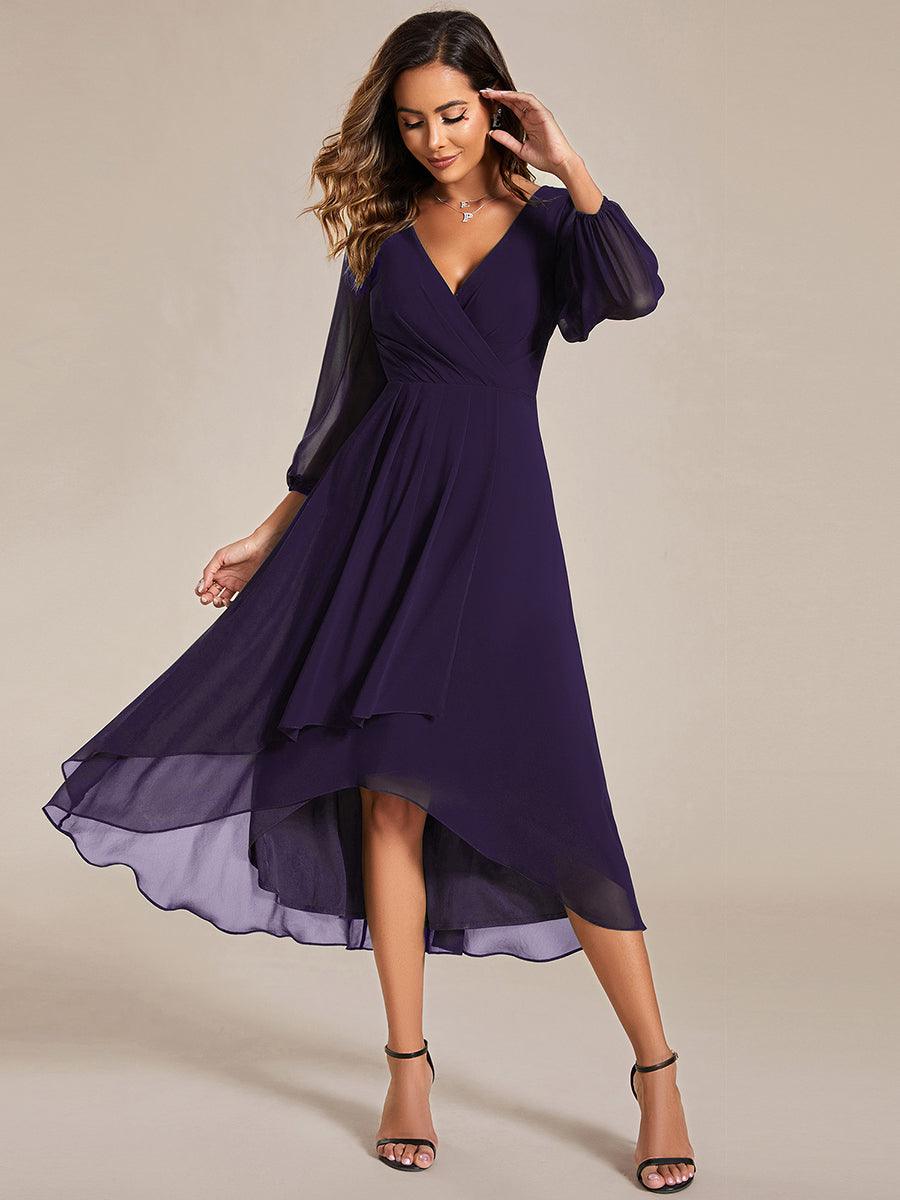 Robe invité de mariage mi-longue manches longues ourlet asymétrique #Couleur_Violet Fonce
