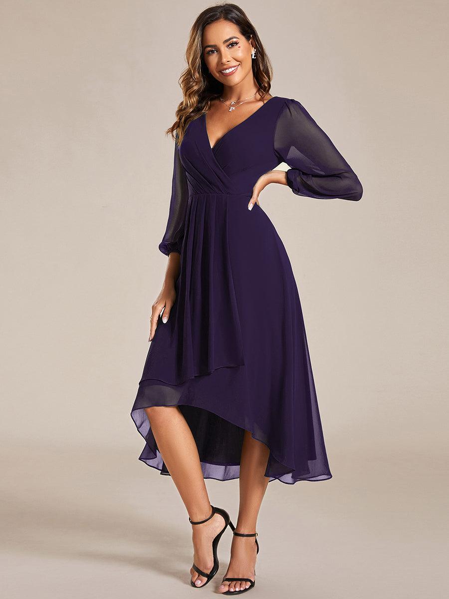 Robe invité de mariage mi-longue manches longues ourlet asymétrique #Couleur_Violet Fonce