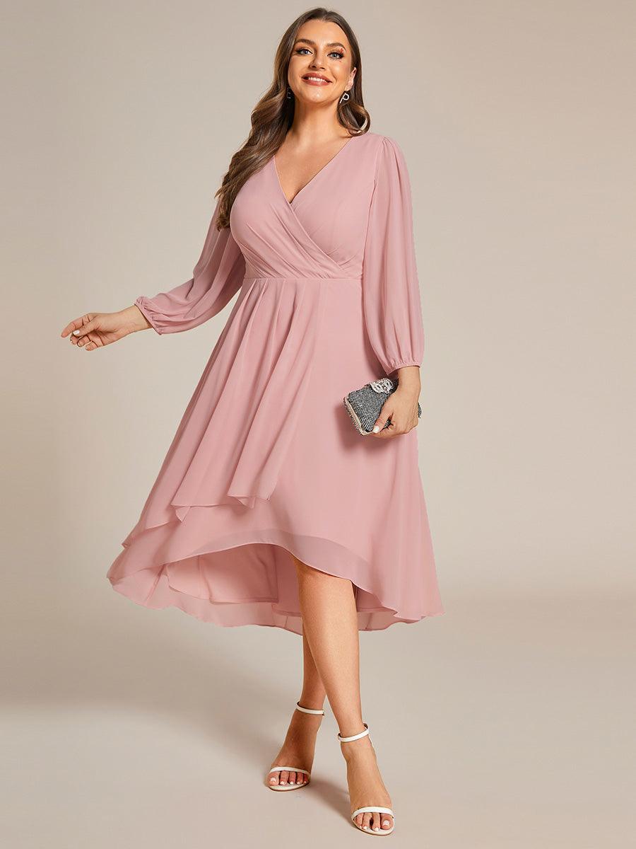 Grande Taille Robe invité de mariage mi-longue manches longues ourlet asymétrique #Couleur_Rose fumee