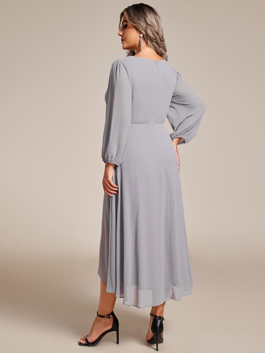 Grande Taille Robe invité de mariage mi-longue manches longues ourlet asymétrique #Couleur_Gris
