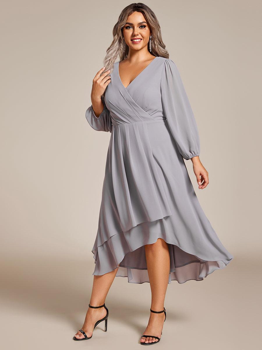 Grande Taille Robe invité de mariage mi-longue manches longues ourlet asymétrique #Couleur_Gris